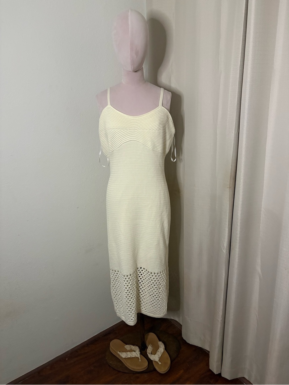 Cream Knit Spaghetti-Strap Midi Dress with Open-Knit Hem